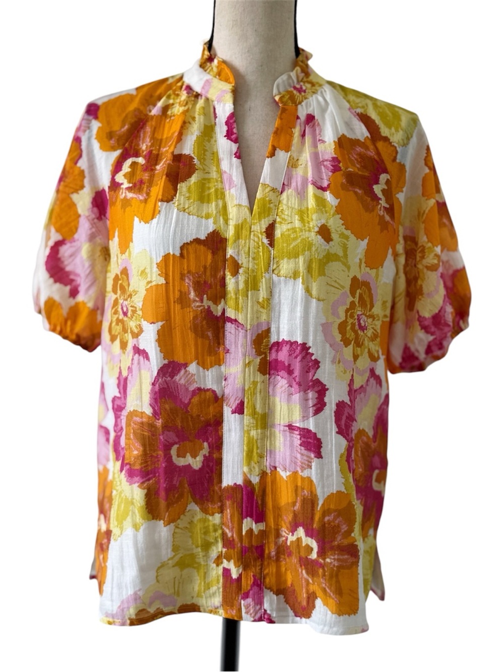 CeCe Island Oasis Blouse Small Pink Orange Yellow Ruffle Neck Puff Sleeve Top